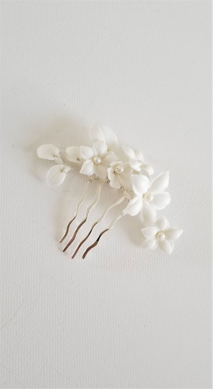 Wedding Hair Comb Porcelain Flowers, Small Floral Wedding Hair Comb, Clay Flower Bridal Hair Comb - Porcelain Flowers, Freshwater Pearls, Metal Comb, Wire, Seed Beads