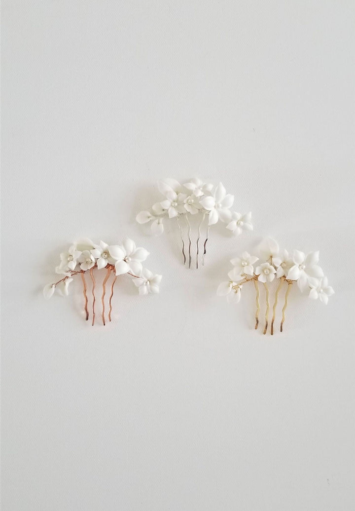 Wedding Hair Comb Porcelain Flowers, Small Floral Wedding Hair Comb, Clay Flower Bridal Hair Comb - Porcelain Flowers, Freshwater Pearls, Metal Comb, Wire, Seed Beads