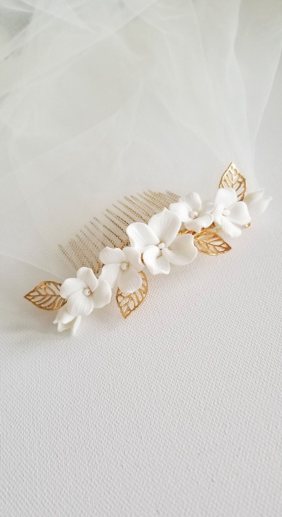 Porcelain Flower Bridal Hair Clip, Floral Wedding Hair Comb, Clay Flower Bridal Hair Accessory - Porcelain Flowers, Freshwater Pearls, Metal Comb, Wire