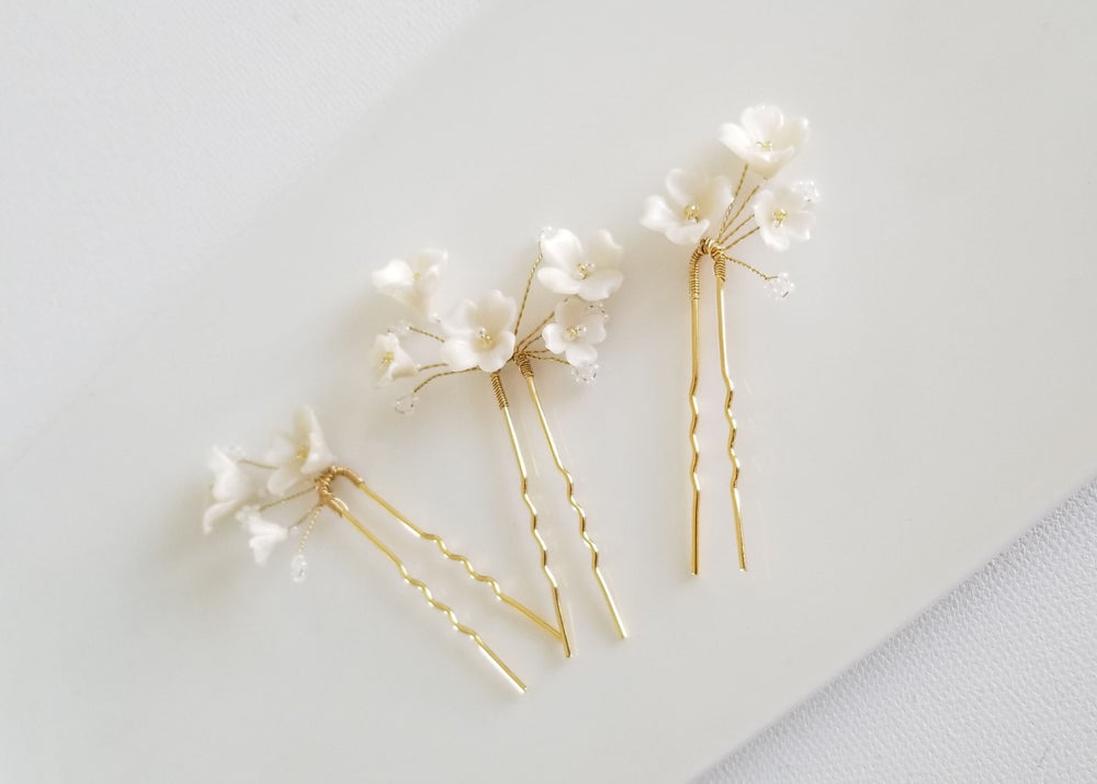 Wedding Hair Pin Set with Polymer Clay Flowers, Floral Bridal Hair Pins, Set of 3 Polymer Clay Flower Hair Pins - metal hair pin, wire, seed beads, polymer clay flowers