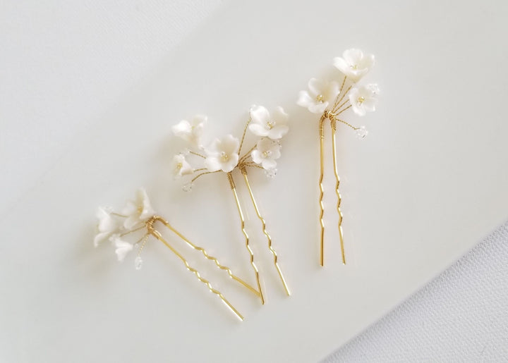 Wedding Hair Pin Set with Polymer Clay Flowers, Floral Bridal Hair Pins, Set of 3 Polymer Clay Flower Hair Pins - metal hair pin, wire, seed beads, polymer clay flowers