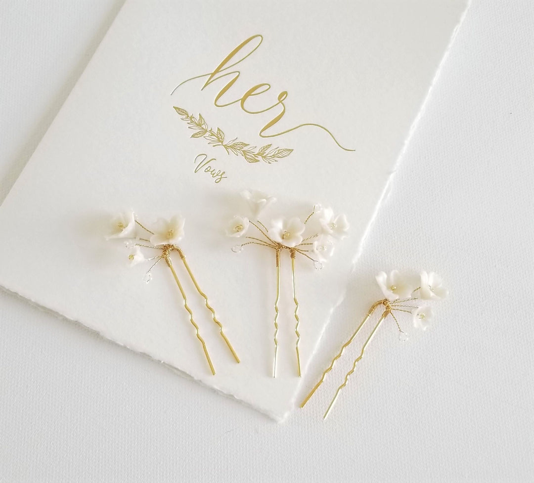 Wedding Hair Pin Set with Polymer Clay Flowers, Floral Bridal Hair Pins, Set of 3 Polymer Clay Flower Hair Pins - metal hair pin, wire, seed beads, polymer clay flowers