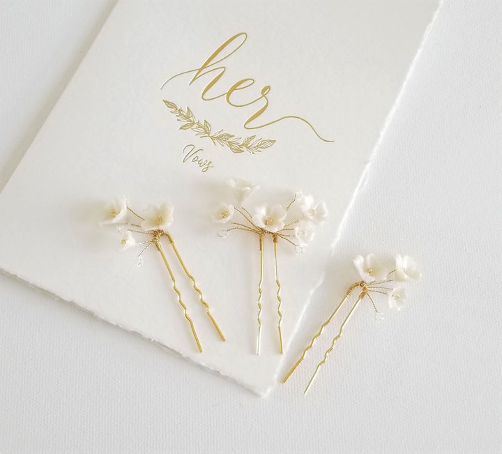 Wedding Hair Pin Set with Polymer Clay Flowers, Floral Bridal Hair Pins, Set of 3 Polymer Clay Flower Hair Pins - metal hair pin, wire, seed beads, polymer clay flowers