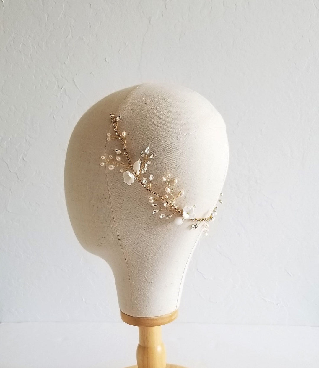 Freshwater Pearl Gold Hair Vine For Bride, Wedding Hair Accessory, Crystal Bridal Hair Vine - freshwater pearls, rhinestones, porclelain flowers, wire, seed beads