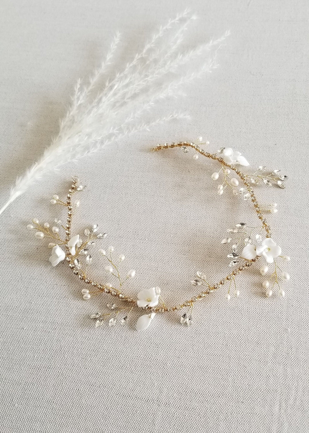 Freshwater Pearl Gold Hair Vine For Bride, Wedding Hair Accessory, Crystal Bridal Hair Vine - freshwater pearls, rhinestones, porclelain flowers, wire, seed beads