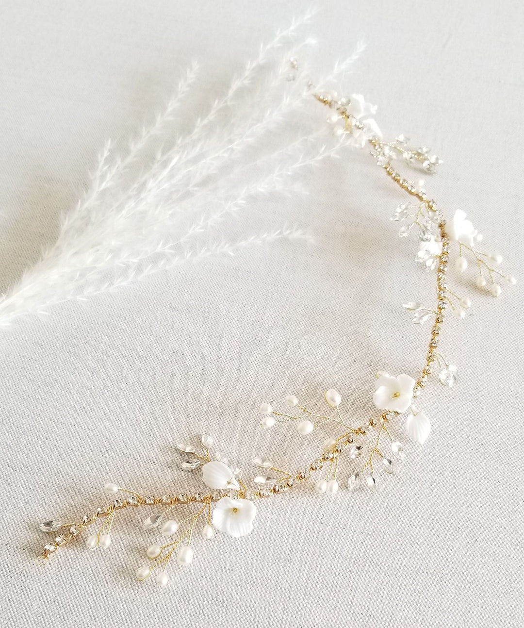 Freshwater Pearl Gold Hair Vine For Bride, Wedding Hair Accessory, Crystal Bridal Hair Vine - freshwater pearls, rhinestones, porclelain flowers, wire, seed beads