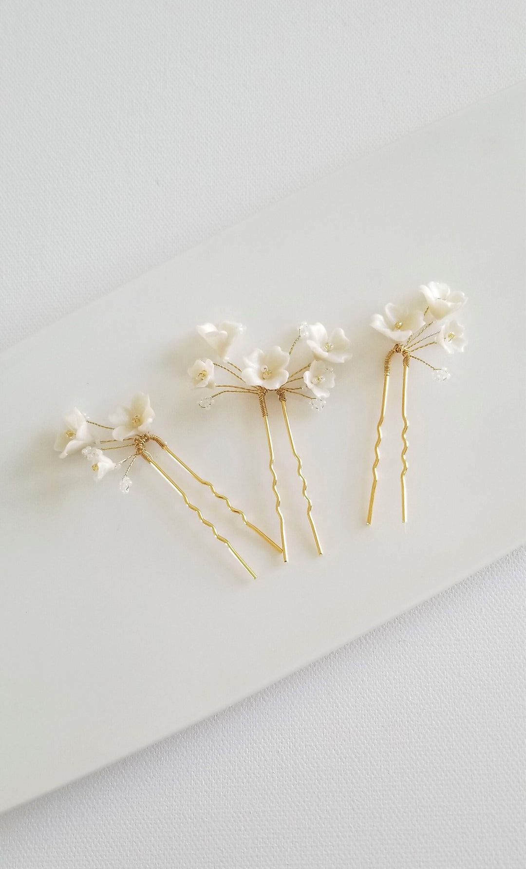 Wedding Hair Pin Set with Polymer Clay Flowers, Floral Bridal Hair Pins, Set of 3 Polymer Clay Flower Hair Pins - metal hair pin, wire, seed beads, polymer clay flowers