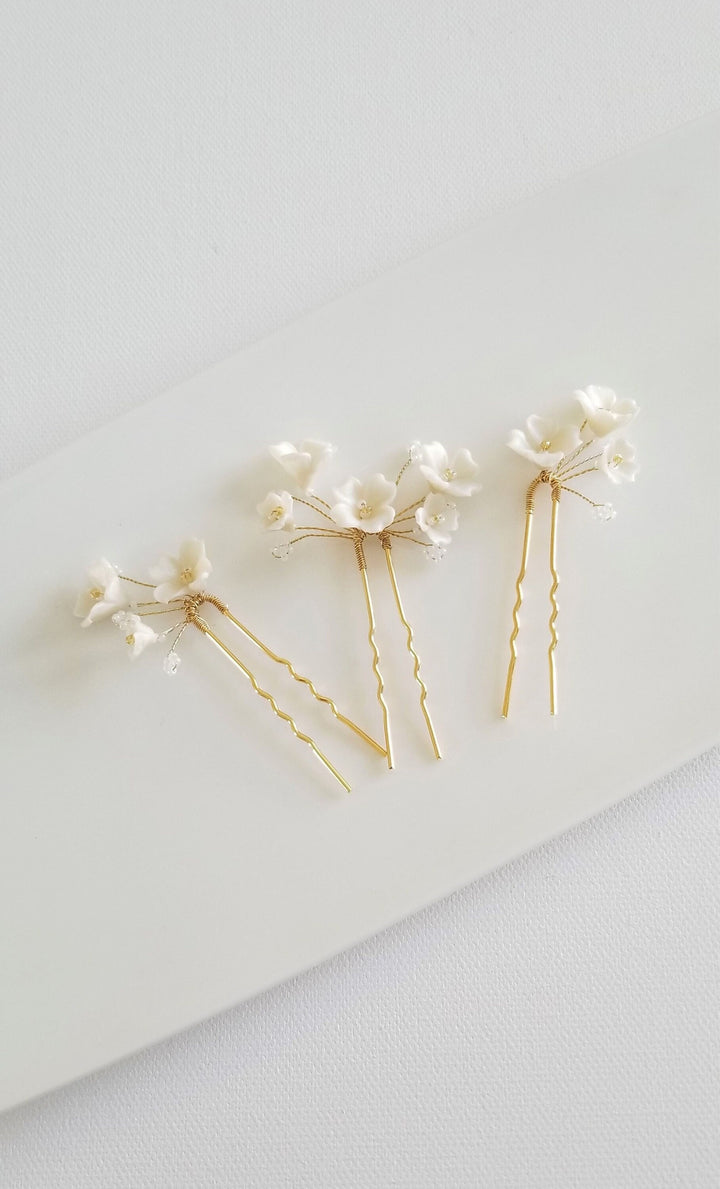 Wedding Hair Pin Set with Polymer Clay Flowers, Floral Bridal Hair Pins, Set of 3 Polymer Clay Flower Hair Pins - metal hair pin, wire, seed beads, polymer clay flowers