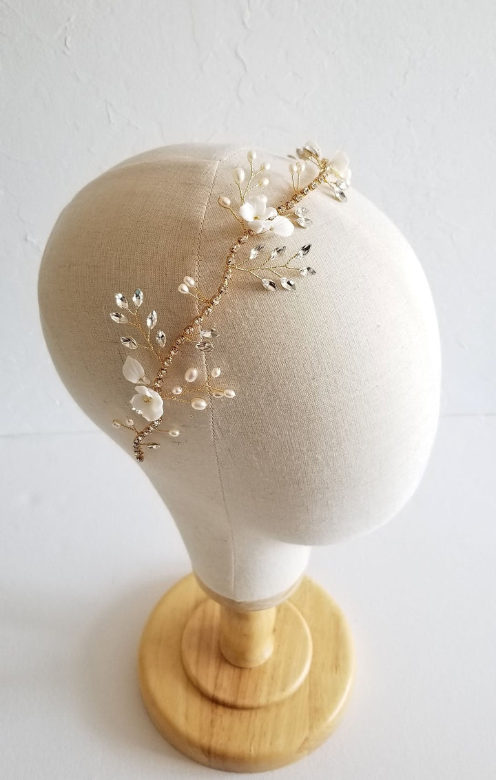 Freshwater Pearl Gold Hair Vine For Bride, Wedding Hair Accessory, Crystal Bridal Hair Vine - freshwater pearls, rhinestones, porclelain flowers, wire, seed beads