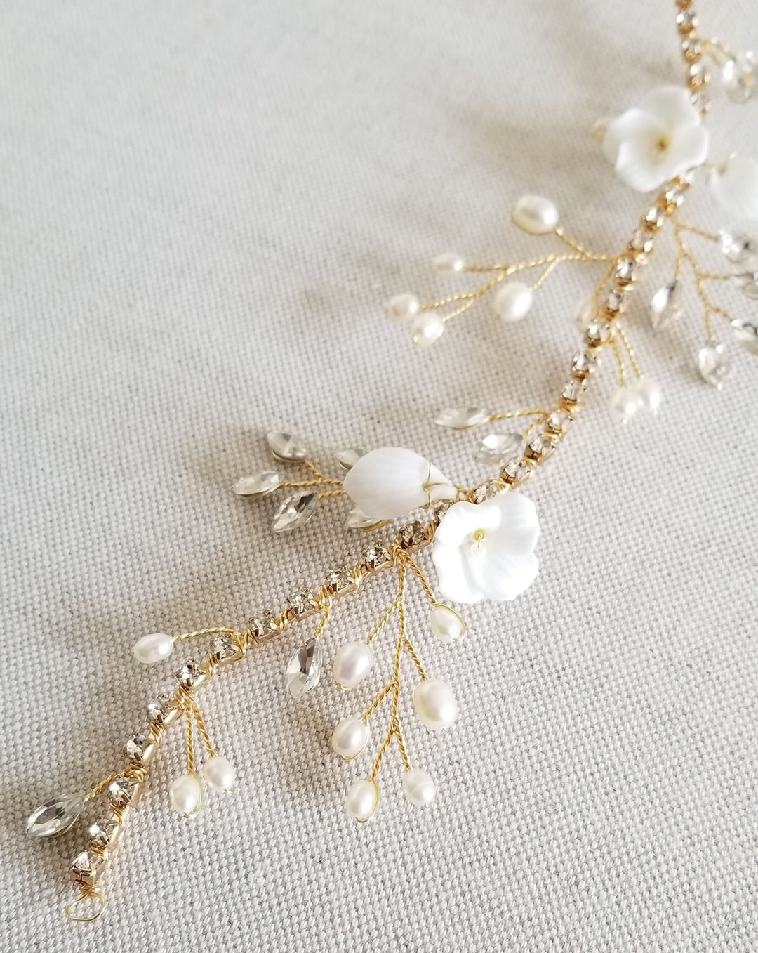 Freshwater Pearl Gold Hair Vine For Bride, Wedding Hair Accessory, Crystal Bridal Hair Vine - freshwater pearls, rhinestones, porclelain flowers, wire, seed beads