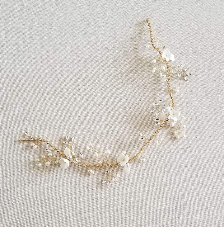 Freshwater Pearl Gold Hair Vine For Bride, Wedding Hair Accessory, Crystal Bridal Hair Vine - freshwater pearls, rhinestones, porclelain flowers, wire, seed beads