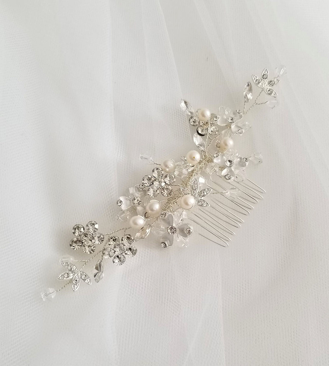 Pearl Bridal Hair Comb, Pearl and Crystal Comb For Bride, Rose Gold Wedding Hair Comb, Silver Wedding Comb - freshwater pearls, crystals, rhinestones, wire, metal comb, enameled flowers