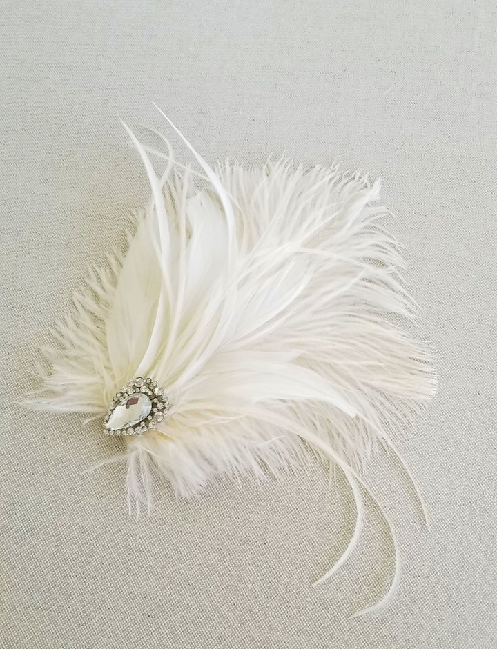 Feather Headpiece For Bride, Feather Crystal Wedding Hair Accessory, Feather Facinator Hair Clip for Wedding - feathers, felt, metal alligator clip, crystal jewel