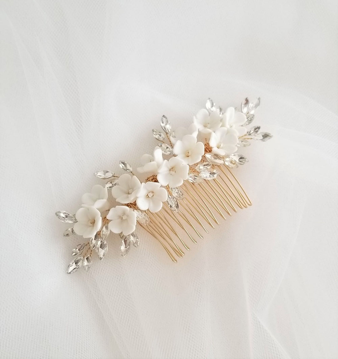 Porcelain Flower Bridal Hair Comb, Crystal Porcelain Flower Wedding Headpiece, Crystal Floral Hairpiece for Bride - wire, rhinestones, metal comb, seed beads, porcelain flowers