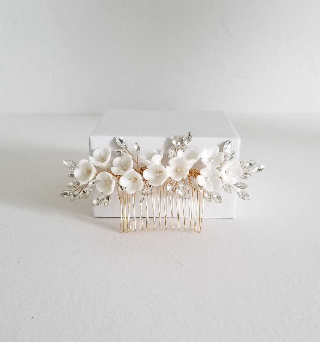 Porcelain Flower Bridal Hair Comb, Crystal Porcelain Flower Wedding Headpiece, Crystal Floral Hairpiece for Bride - wire, rhinestones, metal comb, seed beads, porcelain flowers