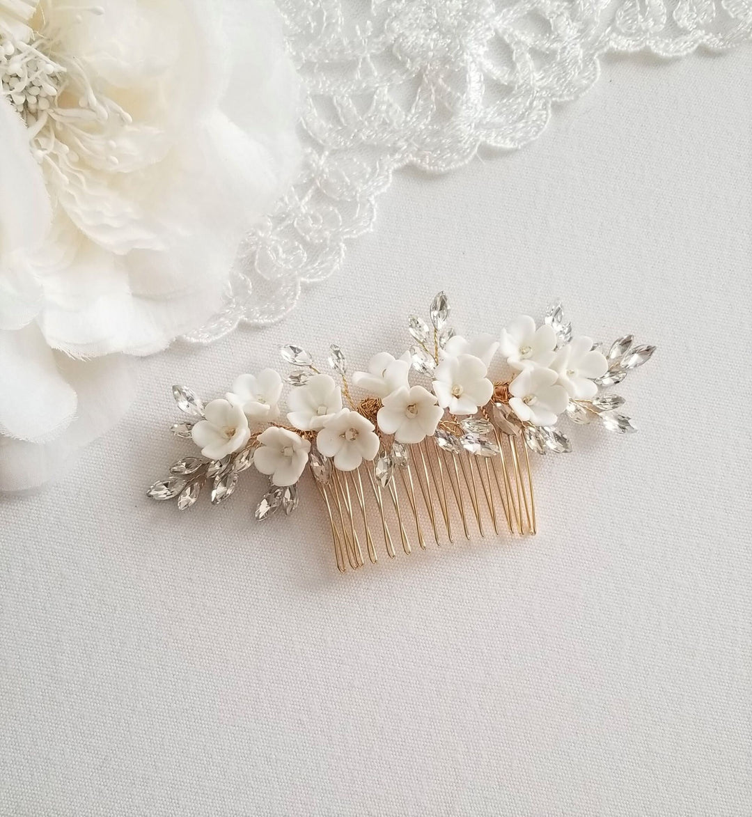 Porcelain Flower Bridal Hair Comb, Crystal Porcelain Flower Wedding Headpiece, Crystal Floral Hairpiece for Bride - wire, rhinestones, metal comb, seed beads, porcelain flowers