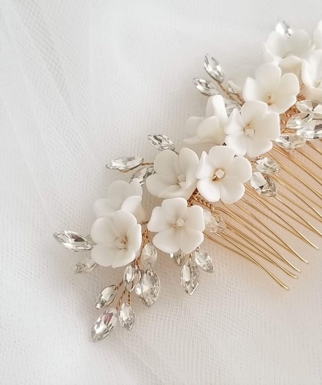 Porcelain Flower Bridal Hair Comb, Crystal Porcelain Flower Wedding Headpiece, Crystal Floral Hairpiece for Bride - wire, rhinestones, metal comb, seed beads, porcelain flowers