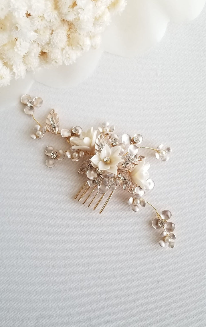 Bridal Hair Comb, Gold Floral Wedding Headpiece, Floral Crystal Hair Comb, Polymer Clay Flower Wedding Comb, Bridal Floral Hairpiece - rhinestones, wire, polymer flowers, imitation pearls, metal flowers, metal leaves, metal comb