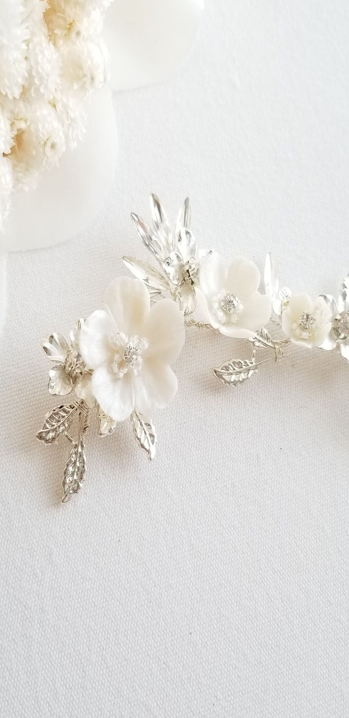 Wedding Flower Headpiece, Floral Bridal Hair Vine, Polymer Clay Flower Hair Accessory For Bride - wire, seed beads, polymer clay flowers, rhinestones, metal leaves, metal flowers, faux pearl