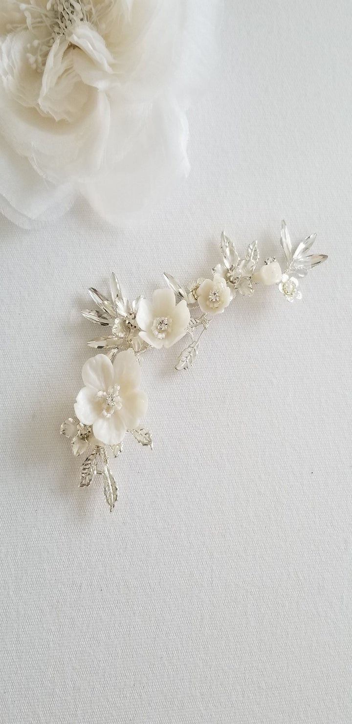 Wedding Flower Headpiece, Floral Bridal Hair Vine, Polymer Clay Flower Hair Accessory For Bride - wire, seed beads, polymer clay flowers, rhinestones, metal leaves, metal flowers, faux pearl