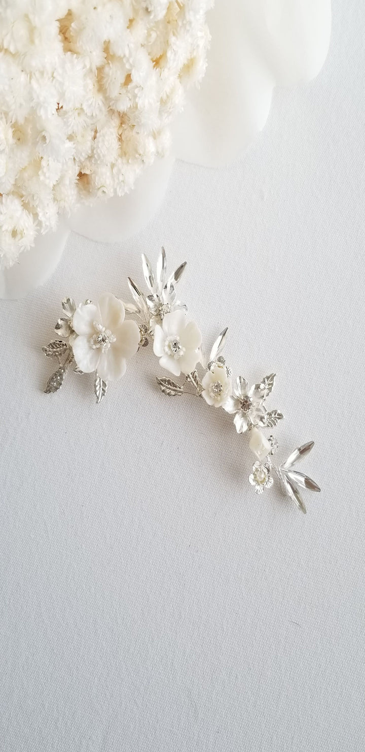 Wedding Flower Headpiece, Floral Bridal Hair Vine, Polymer Clay Flower Hair Accessory For Bride - wire, seed beads, polymer clay flowers, rhinestones, metal leaves, metal flowers, faux pearl