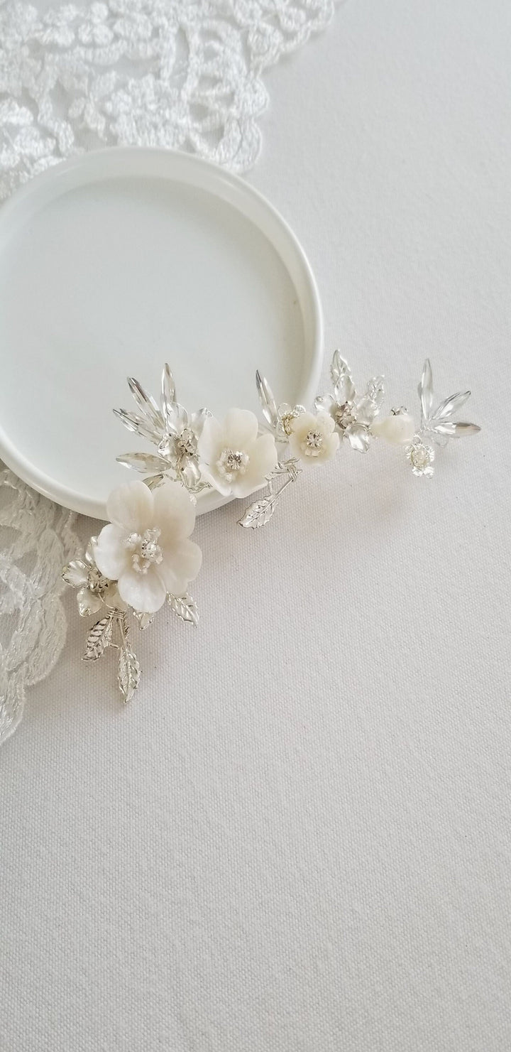 Wedding Flower Headpiece, Floral Bridal Hair Vine, Polymer Clay Flower Hair Accessory For Bride - wire, seed beads, polymer clay flowers, rhinestones, metal leaves, metal flowers, faux pearl