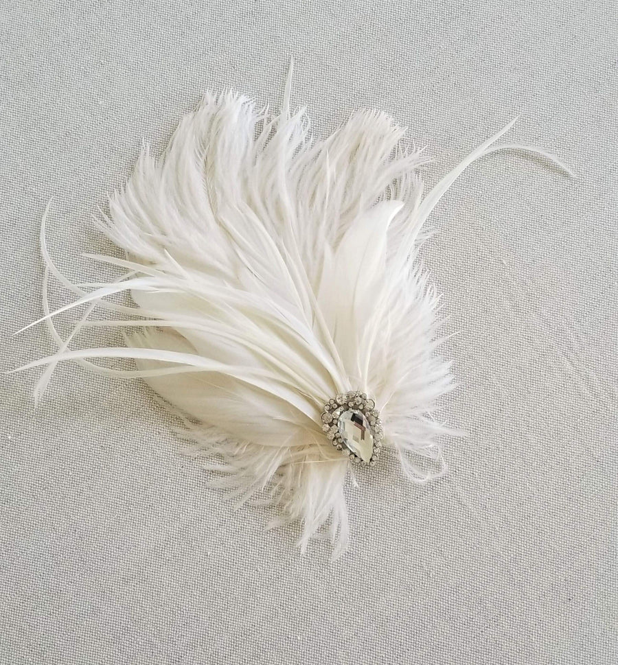 Feather Headpiece For Bride, Feather Crystal Wedding Hair Accessory, Feather Facinator Hair Clip for Wedding - feathers, felt, metal alligator clip, crystal jewel