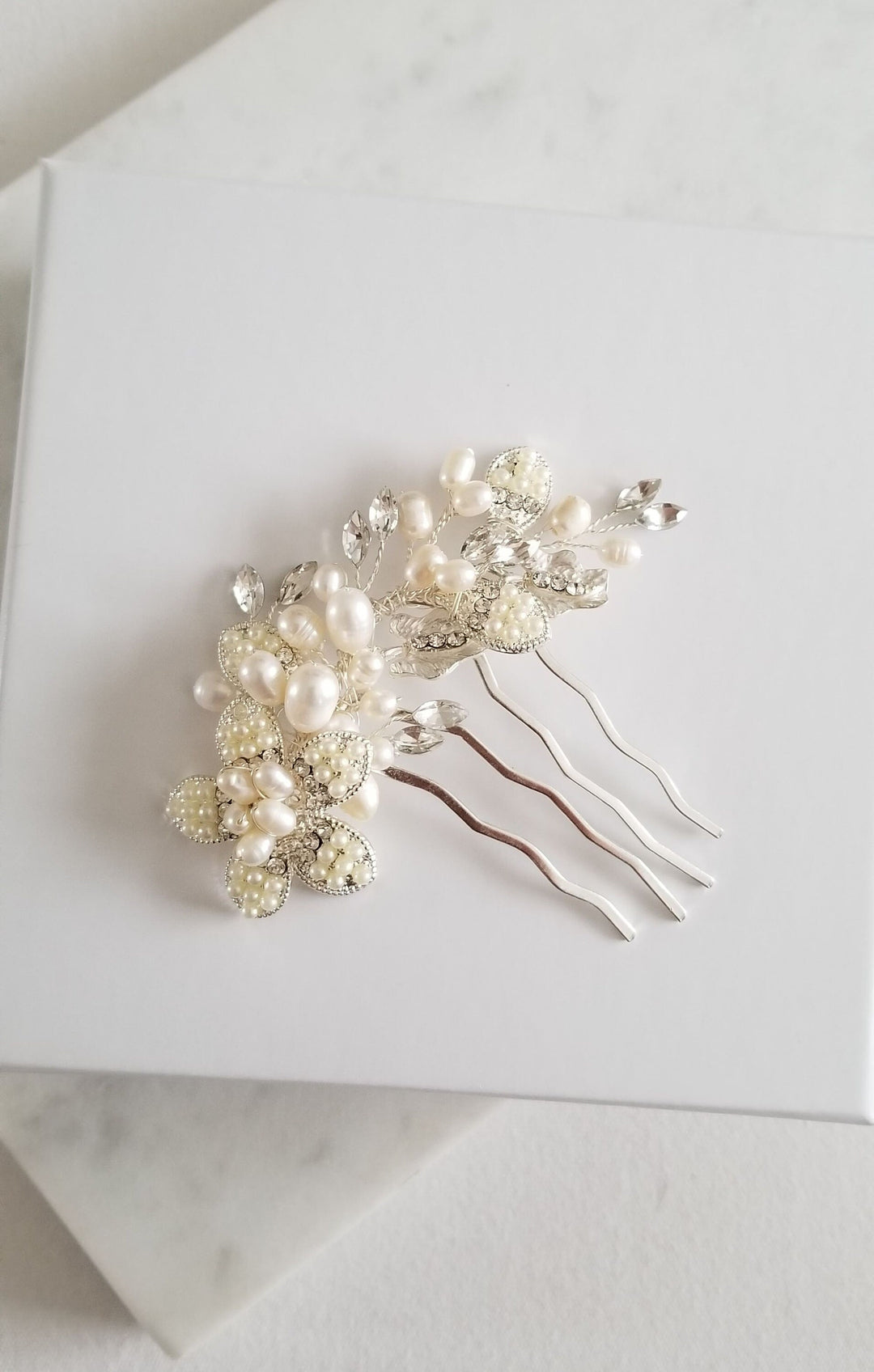 Freshwater Pearl Wedding Hair Comb, Pearl Crystal Bridal Hair Comb, Pearl Silver Hair Comb for Bride - freshwater pearls, crystal rhinestones, wire, metal comb, metal leaves, metal flowers, faux pearls