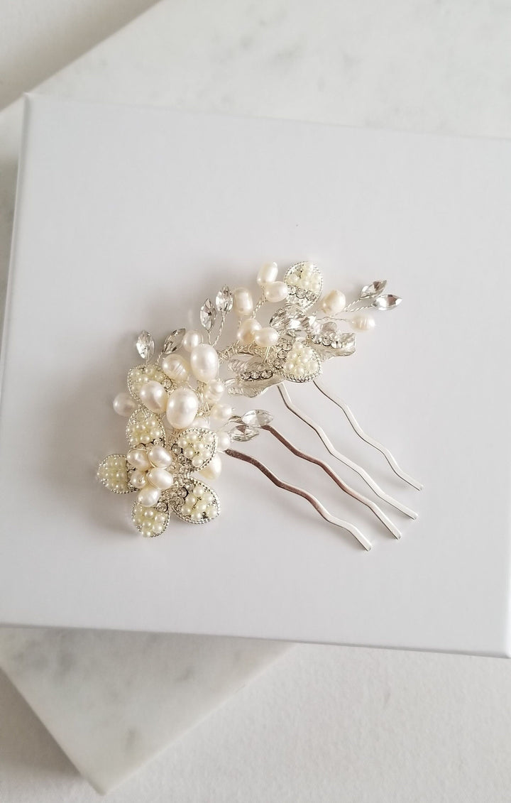 Freshwater Pearl Wedding Hair Comb, Pearl Crystal Bridal Hair Comb, Pearl Silver Hair Comb for Bride - freshwater pearls, crystal rhinestones, wire, metal comb, metal leaves, metal flowers, faux pearls