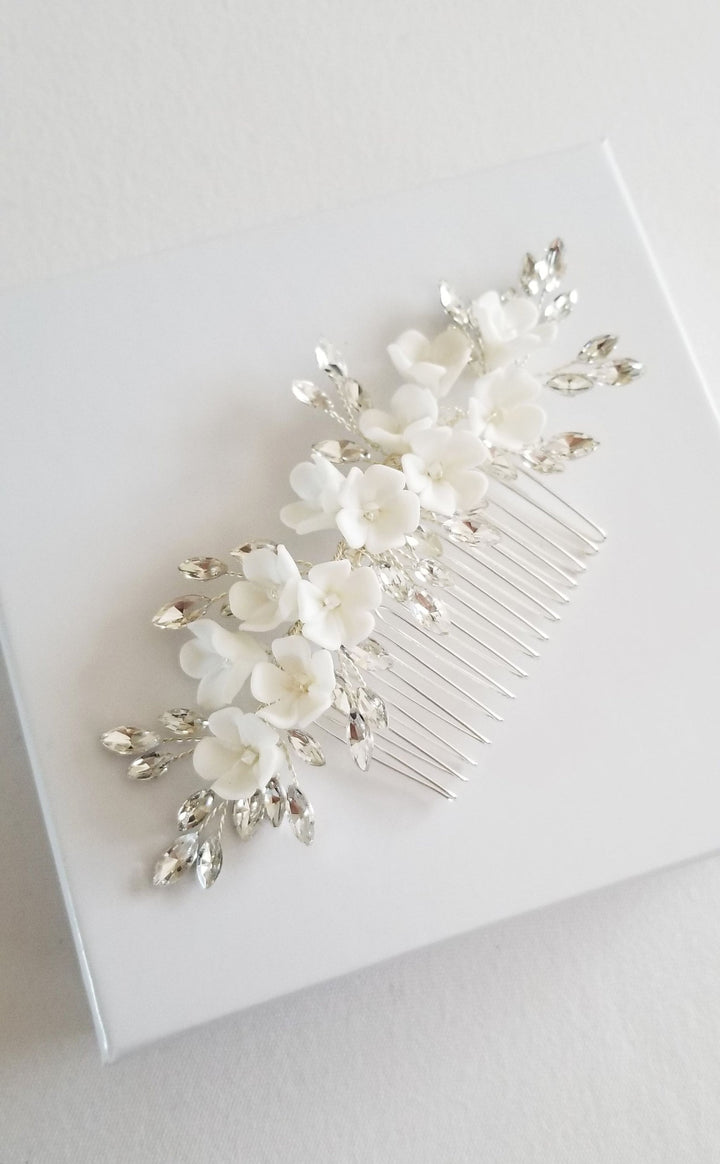 Porcelain Flower Bridal Hair Comb, Crystal Porcelain Flower Wedding Headpiece, Crystal Floral Hairpiece for Bride - wire, rhinestones, metal comb, seed beads, porcelain flowers