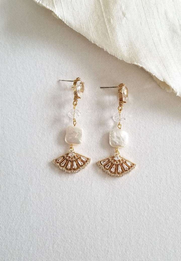 Pearl Drop Cubic Zirconia Bridal Earrings, Freshwater Pearl Earrings For Bride, Art Deco Drop Pearl Wedding Earrings - Cubic Zirconias, Freshwater Pearls, head pins, Austrian Crystals, Brass based findings, Glass stones