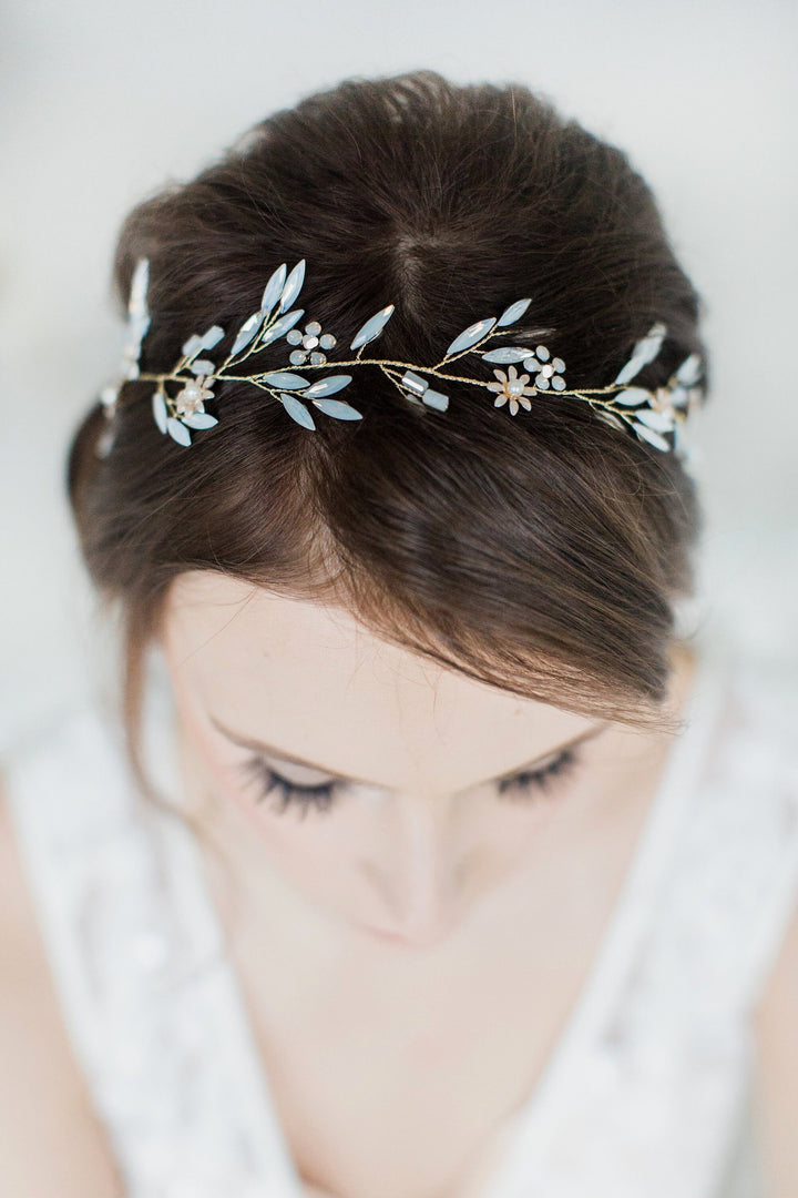 Gold Wedding Hair Vine, White Opal Crystal Hair Vine, Wedding Hairpiece, Wedding Hair Vine With White Opal Crystals - wire, crystal, rhinestones, faux pearls, metal flowers, bugle beads