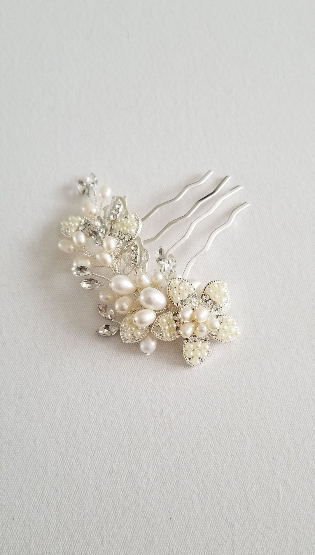 Freshwater Pearl Wedding Hair Comb, Pearl Crystal Bridal Hair Comb, Pearl Silver Hair Comb for Bride - freshwater pearls, crystal rhinestones, wire, metal comb, metal leaves, metal flowers, faux pearls