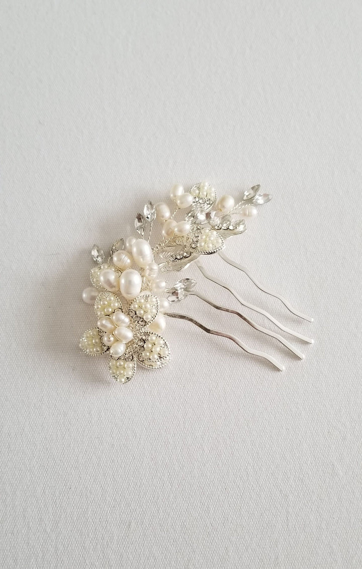 Freshwater Pearl Wedding Hair Comb, Pearl Crystal Bridal Hair Comb, Pearl Silver Hair Comb for Bride - freshwater pearls, crystal rhinestones, wire, metal comb, metal leaves, metal flowers, faux pearls