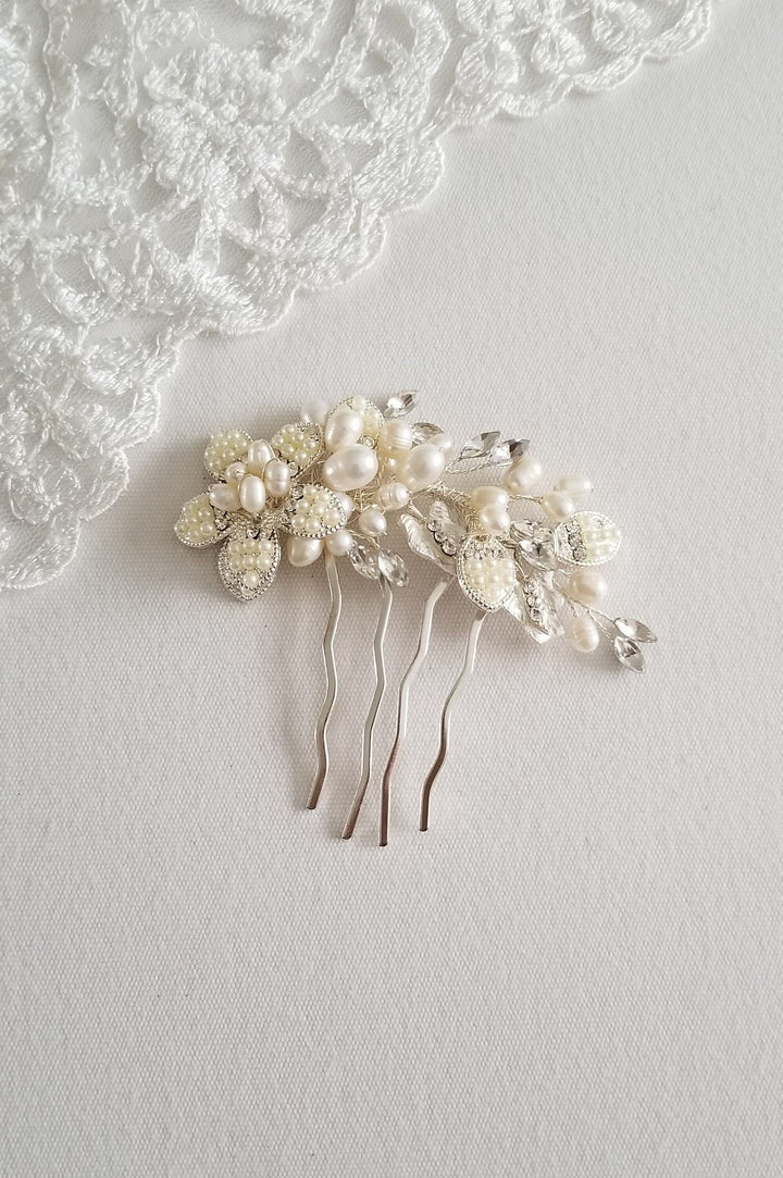 Freshwater Pearl Wedding Hair Comb, Pearl Crystal Bridal Hair Comb, Pearl Silver Hair Comb for Bride - freshwater pearls, crystal rhinestones, wire, metal comb, metal leaves, metal flowers, faux pearls