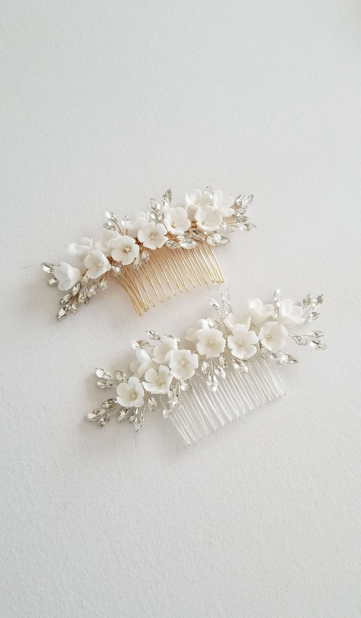 Porcelain Flower Bridal Hair Comb, Crystal Porcelain Flower Wedding Headpiece, Crystal Floral Hairpiece for Bride - wire, rhinestones, metal comb, seed beads, porcelain flowers