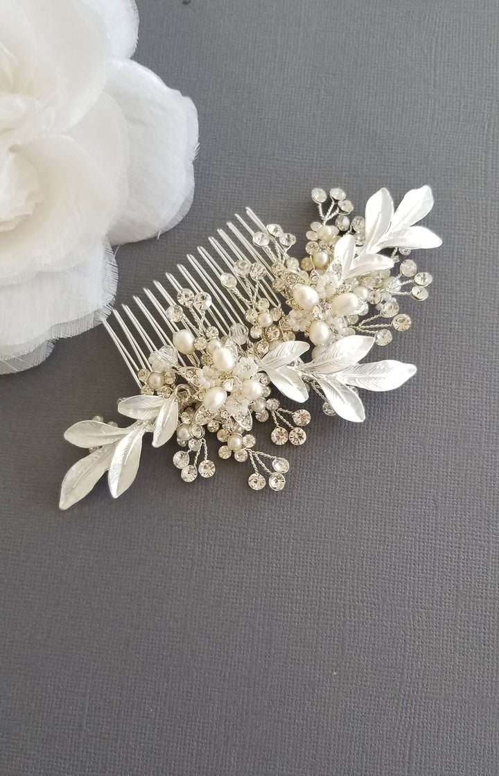 Gold Bridal Hair Comb with Crystals and Pearls, Silver Floral Wedding Hair Comb, Freshwater Pearl Crystal Hair Comb - metal comb, wire, clear crystals, freshwater pearls, seed beads, metal leaves