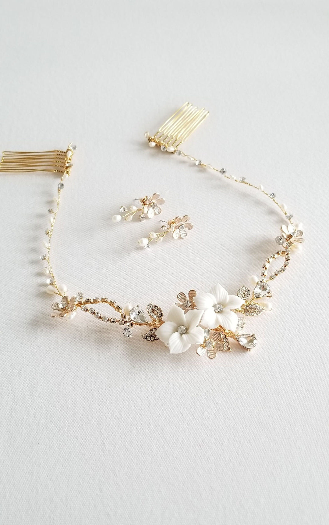 Wedding Floral Headpiece, Porcelain Flower Bridal Hair Comb Earring Set, Gold Clay Flower Freshwater Pearl Hair Comb - freshwater pearls, 18kt gold plated combs, wire, metal flowers, rhinestones, porcelain flowers, ear studs