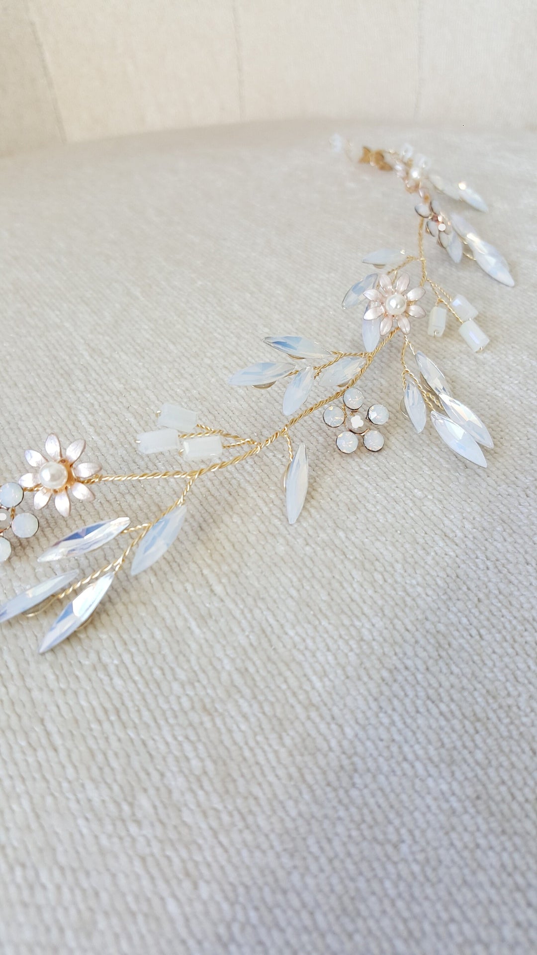 Gold Wedding Hair Vine, White Opal Crystal Hair Vine, Wedding Hairpiece, Wedding Hair Vine With White Opal Crystals - wire, crystal, rhinestones, faux pearls, metal flowers, bugle beads