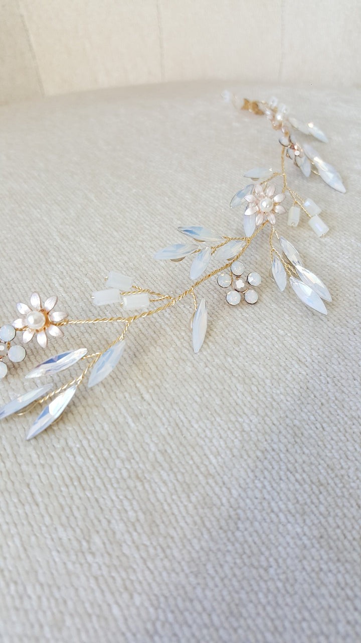 Gold Wedding Hair Vine, White Opal Crystal Hair Vine, Wedding Hairpiece, Wedding Hair Vine With White Opal Crystals - wire, crystal, rhinestones, faux pearls, metal flowers, bugle beads