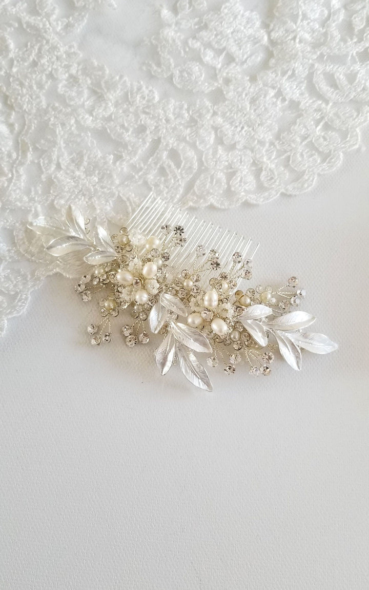 Gold Bridal Hair Comb with Crystals and Pearls, Silver Floral Wedding Hair Comb, Freshwater Pearl Crystal Hair Comb - metal comb, wire, clear crystals, freshwater pearls, seed beads, metal leaves