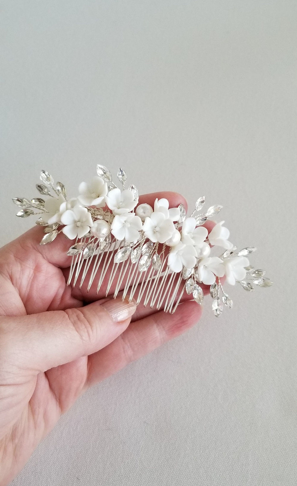 Bridal Hair Comb with Flowers Pearls and Crystals, Crystal Porcelain Flower Wedding Headpiece, Crystal Floral Hairpiece for Bride - wire, rhinestones, metal comb, seed beads, porcelain flowers