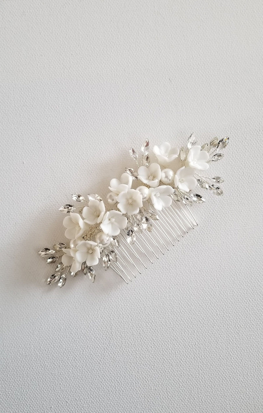 Bridal Hair Comb with Flowers Pearls and Crystals, Crystal Porcelain Flower Wedding Headpiece, Crystal Floral Hairpiece for Bride - wire, rhinestones, metal comb, seed beads, porcelain flowers