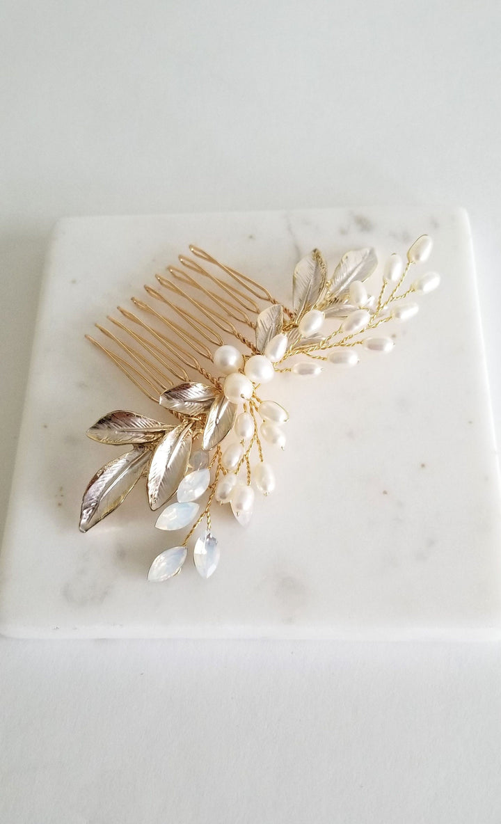 Freshwater Pearl Wedding Hair Comb, Pearl White Opal Crystal Hair Comb For Bride, Crystal Pearl Leaf Wedding hair Accessory - freshwater pearls, crystal rhinestones, wire, metal comb, metal leaves