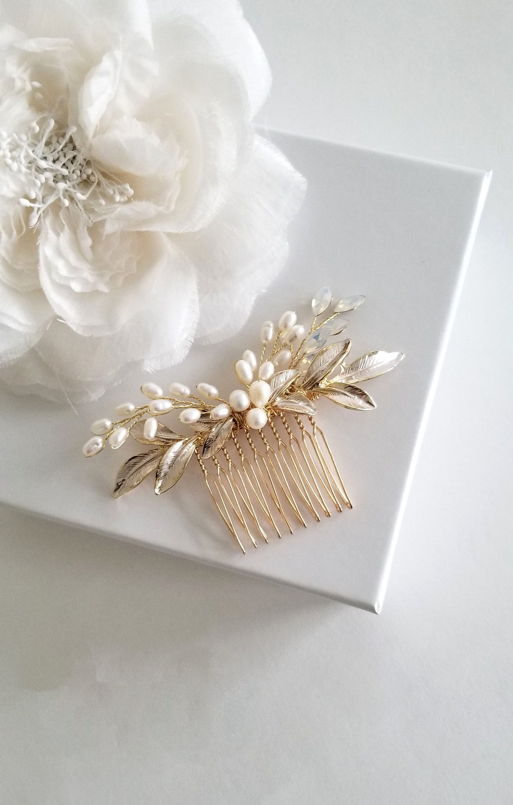 Freshwater Pearl Wedding Hair Comb, Pearl White Opal Crystal Hair Comb For Bride, Crystal Pearl Leaf Wedding hair Accessory - freshwater pearls, crystal rhinestones, wire, metal comb, metal leaves