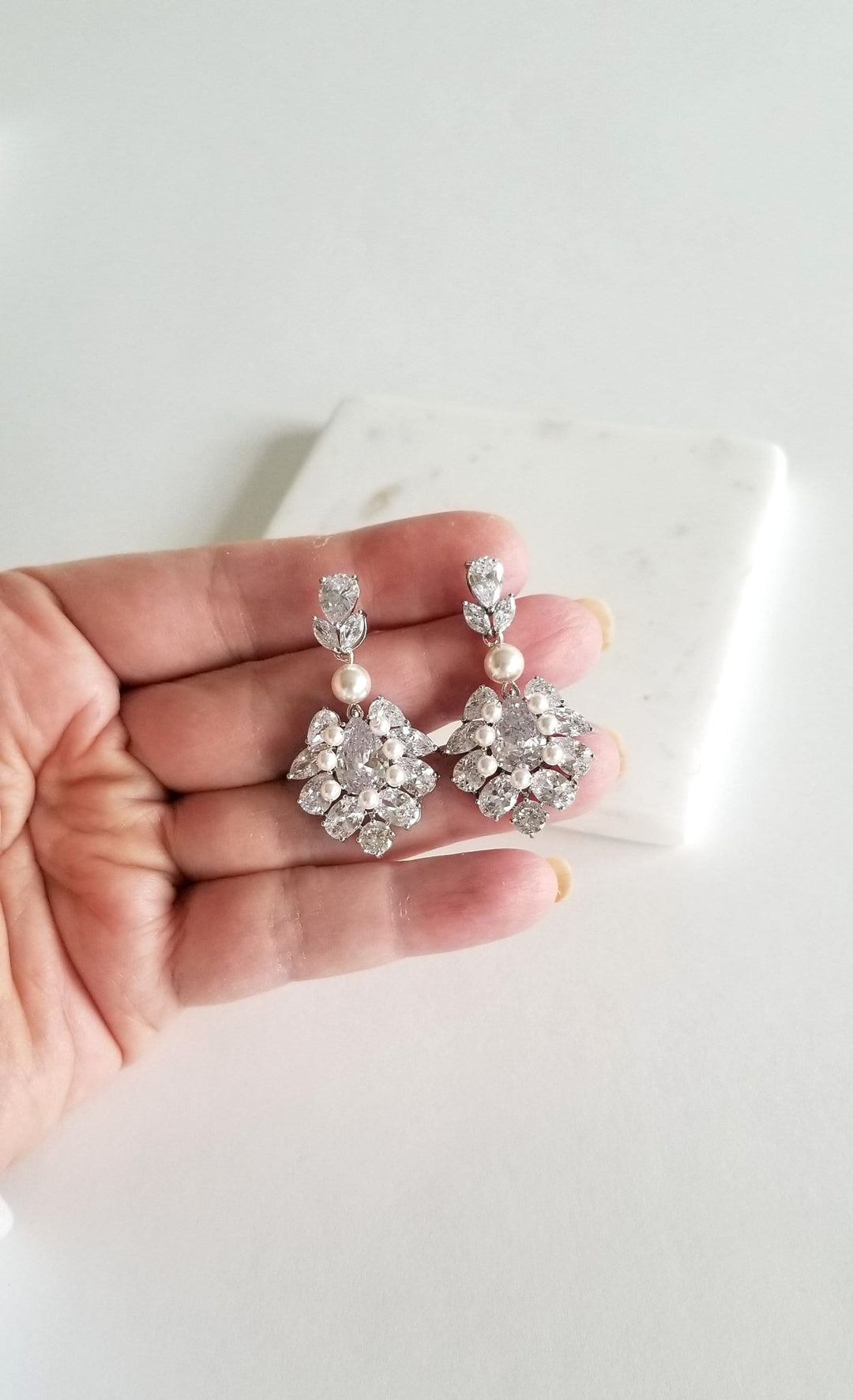 Pearl Wedding Earrings, Luxe CZ Bridal Earrings, Cubic Zirconia Pearl Earrings for Bride - cubic zirconias, metal components, pin, crystal based pearls