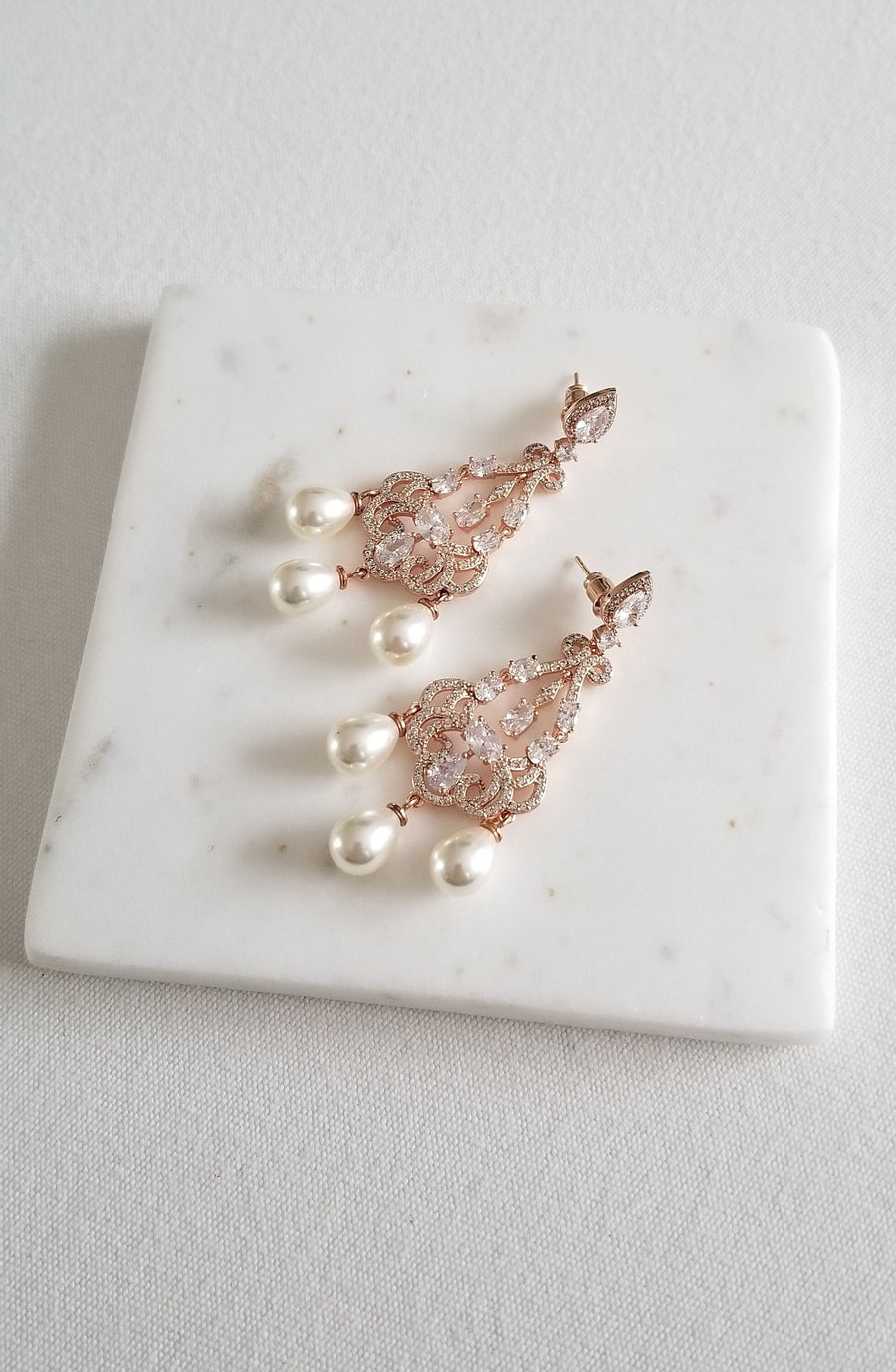 Pearl Chandelier Bridal Earrings, Cubic Zirconia Pearl Statement Earrings For Bride, Rose Gold Pearl Wedding Earrings - cubic zirconias, faux pearls, plated brass findings