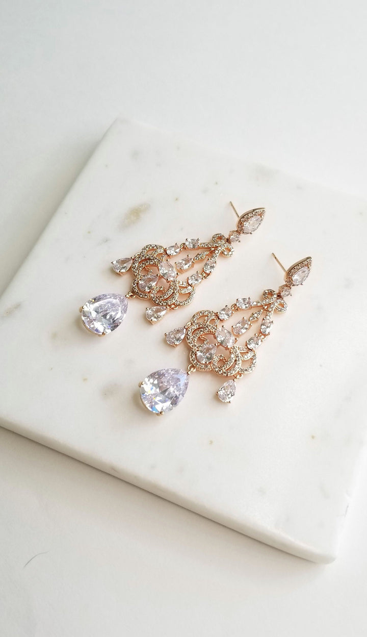 Chandelier Bridal Earrings, Statement Earrings For The Bride, Rose Gold Cubic Zirconia Wedding Earrings - cubic zirconias, plated brass findings