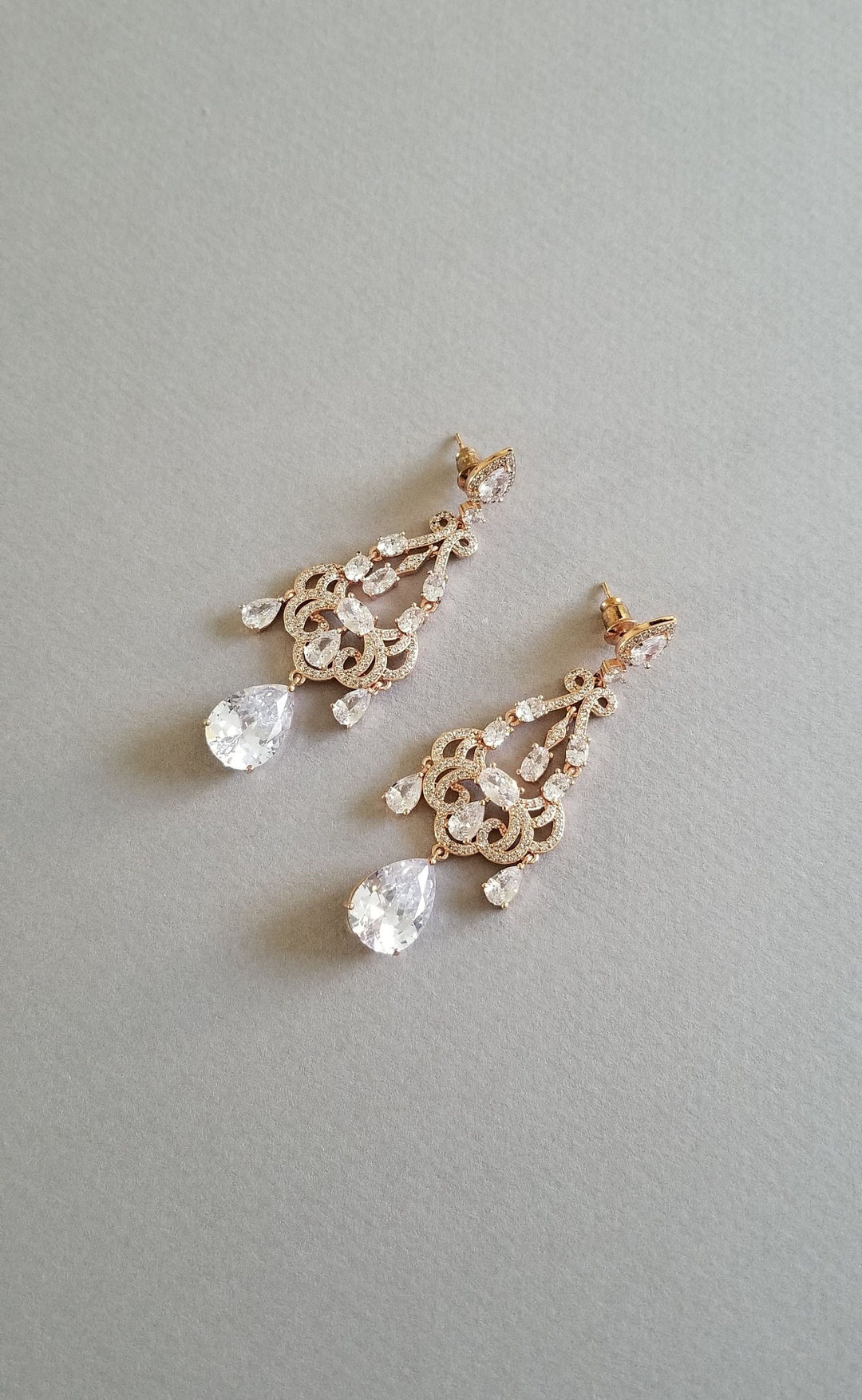 Chandelier Bridal Earrings, Statement Earrings For The Bride, Rose Gold Cubic Zirconia Wedding Earrings - cubic zirconias, plated brass findings