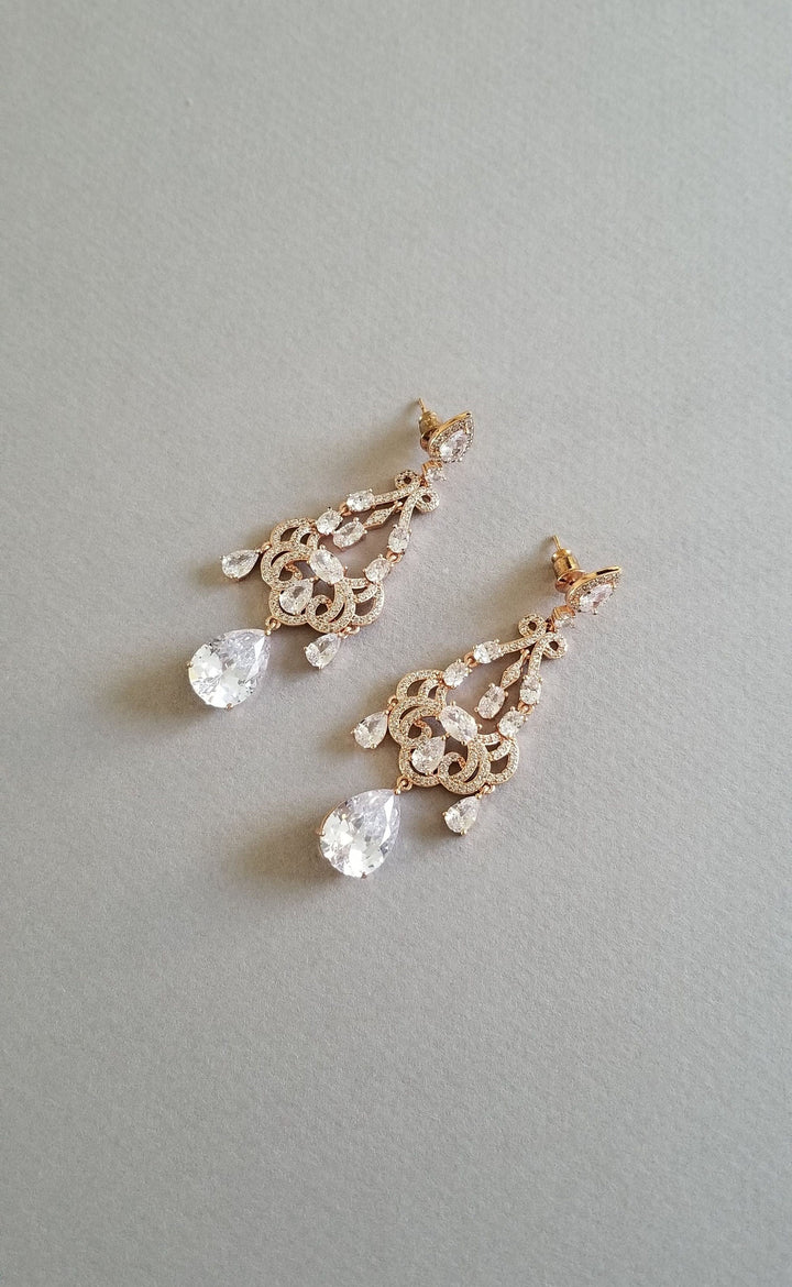 Chandelier Bridal Earrings, Statement Earrings For The Bride, Rose Gold Cubic Zirconia Wedding Earrings - cubic zirconias, plated brass findings